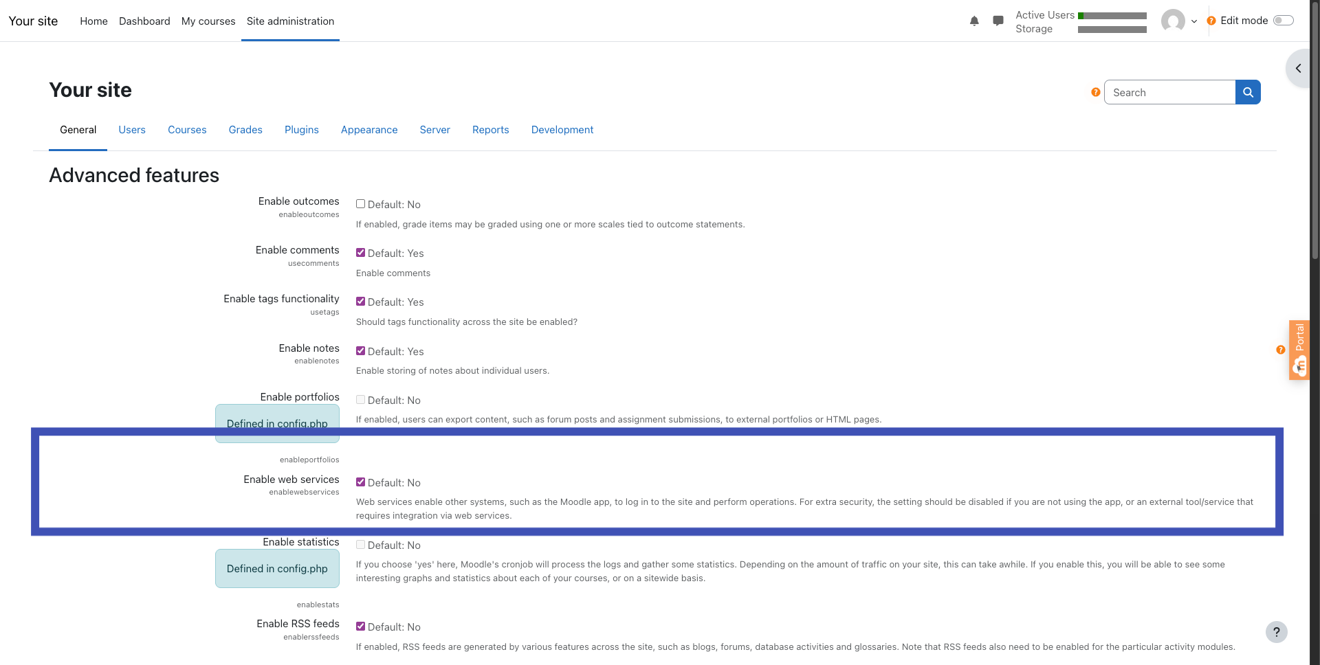 Moodle Advanced features screen showing Enable web services